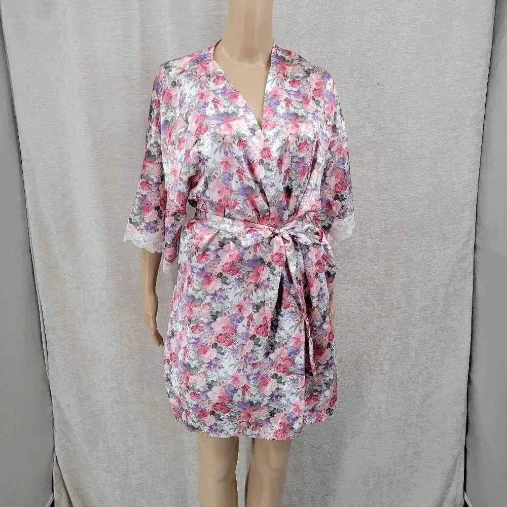 Floral Satin Lace Slip Dress Chemise Negligee and Matching Robe Set Pink